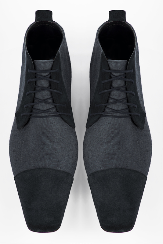  and denim blue dress ankle boots for men. Square toe. Flat leather soles. Top view - Florence KOOIJMAN